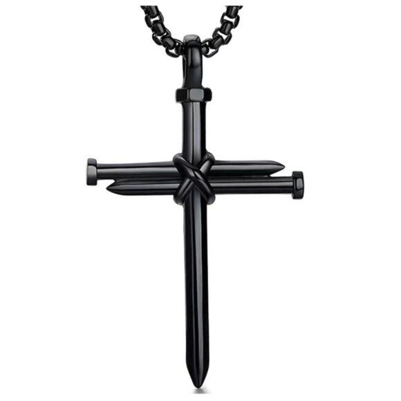 Cross 3 Nail Necklace Statement Piece Pendant Chain and Gift Pouch Black - Picture 14 of 15